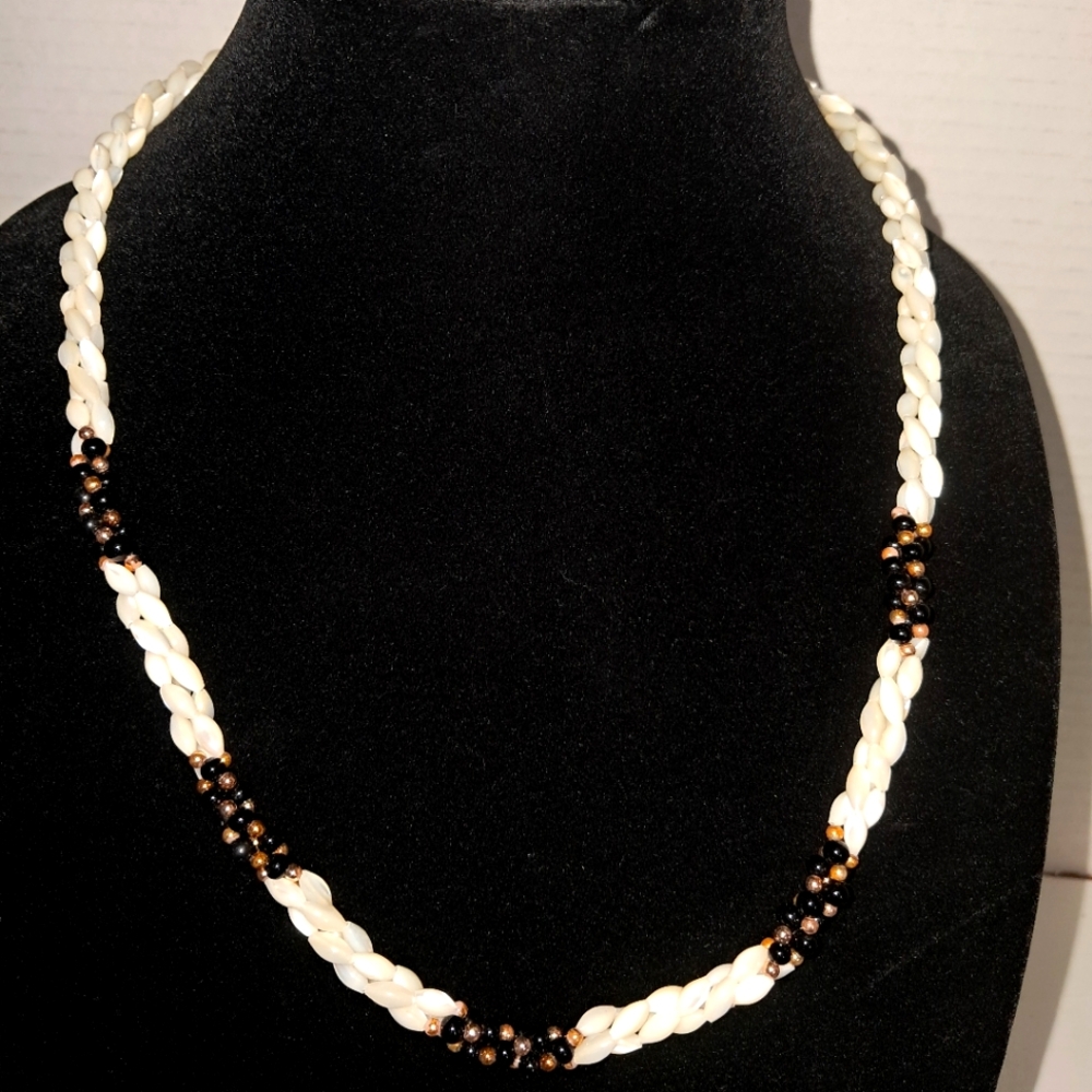 Vintage Multi Strand Rice Pearls and Oynx Torsade Necklace